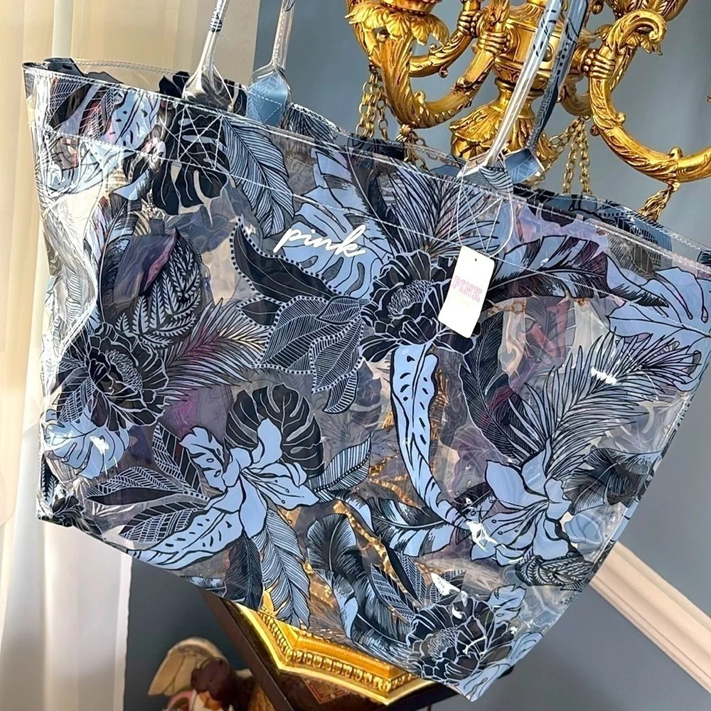 Brand New Pink Victoria’s Secret Blue Tropical Palm Clear Beach Tote Waterproof